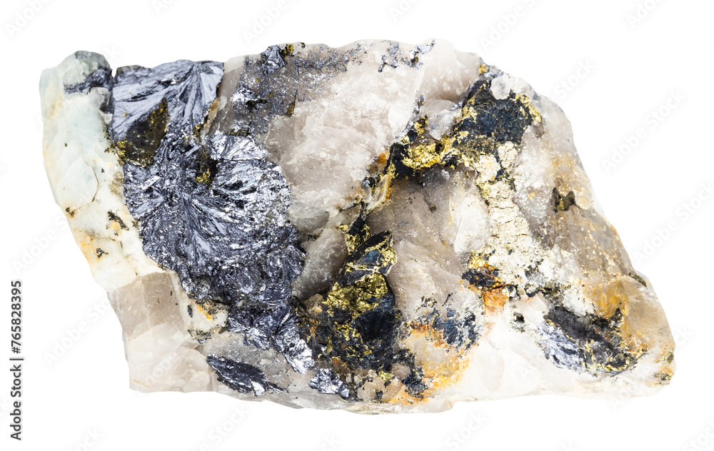 close up of sample of natural stone from geological collection - raw molybdenite and chalcopyrite in colorless beryl mineral isolated on white background from Altai