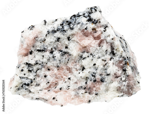 close up of sample of natural stone from geological collection - unpolished miaskite with pink cancrinite mineral isolated on white background from Southern Urals photo