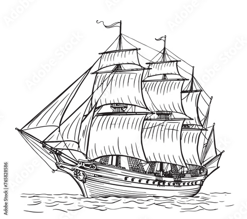 Pirate ship sailboat retro sketch hand drawn engraving style Vector illustration