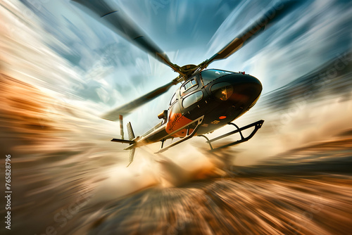 Helicopter flying it the sky, blur art photography with slow motion camera, blurred background