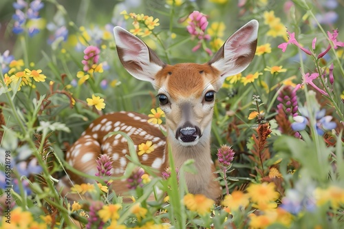 A white-tailed deer fawn stands in a field of wildflowers, including yellow, pink, and purple flowers,deer in the grass © Shani Studio