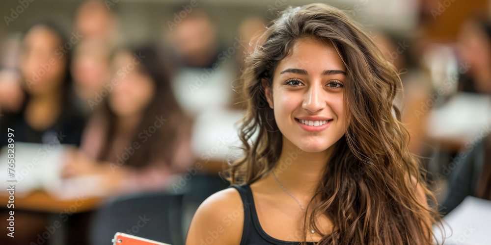 Smiling Female Student in Classroom Environment with Peers in Background