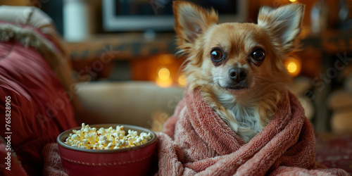 Chihuahua wrapped in coral knit blanket with popcorn  cozy home setting