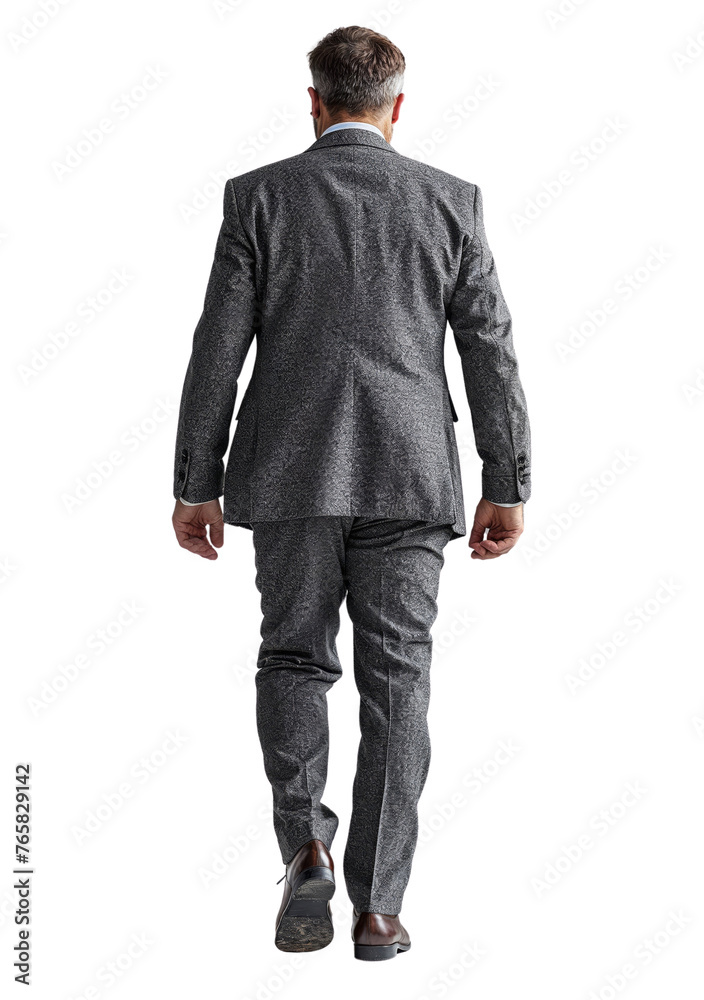 Business man in suit walking isolated on white transparent, businessman rear view. PNG