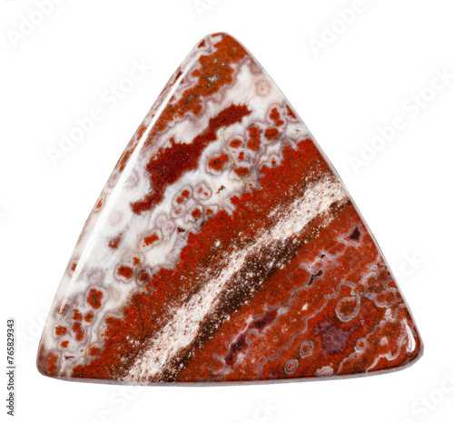 close up of sample of natural stone from geological collection - triangular cabochon from breccia jasper mineral isolated on white background photo