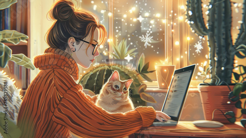 A young woman in glasses is sitting at her laptop, holding an orange and white cat on the table next to it