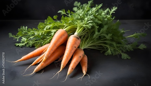 Bunch of fresh organic carrots with green leaves over dark texture background photo