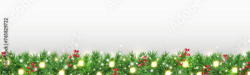 Green fir branches with glitter light, golden stars and red berries frame. Christmas garland border. Winter Holiday background. Xmas evergreen plant banner. New Year card. Vector illustration