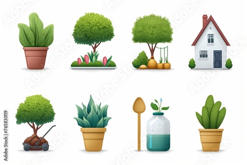 Charming collection of home gardening vector icons, featuring variety of potted plants, tools, garden elements on white background. Toolkit, Neat and Organized. Home Hobby Icons, Illustration Art