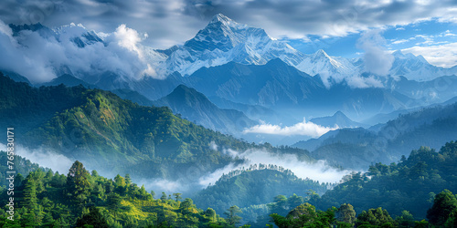 Majestic mountain range with snow-capped peaks and lush green forest