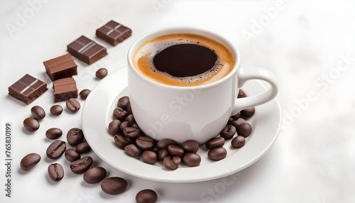 Cup of espresso coffee served with chocolate and coffee beans