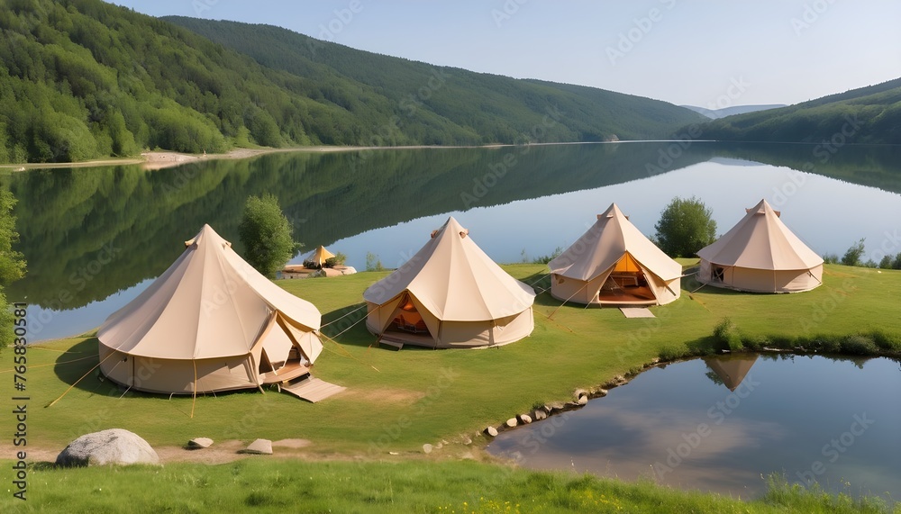Glamping, few tents, lake on the foreground