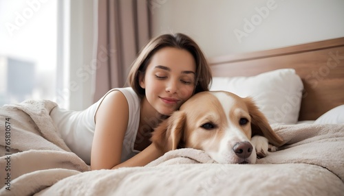 Girl and dog sleep together. Girl hugs a dog. Home pet. Love