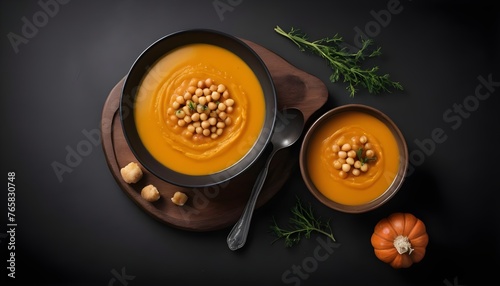 pumpkin soup, carrot and chickpea black background