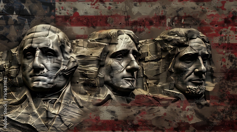 Mount Rushmore Presidents on Plaster Wall with Usa Flag
