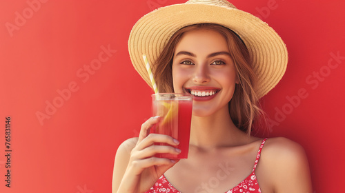 Mujer joven con un gorro disfrutando de un zumo de fresa