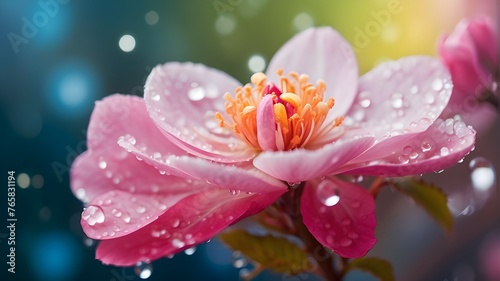 Lovely macro shot of a blossom with dewdrops over an abstract bokeh background