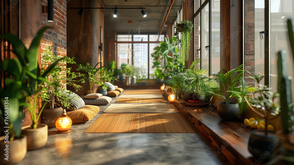 Tranquil Indoor Yoga Space with Lush Greenery and Meditation Cushions