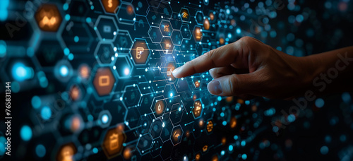 Finger Interacting with Digital Interface of Hexagonal Icons