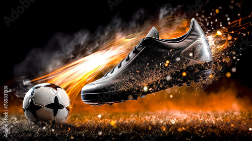 A soccer shoe is shown in mid-air with sparks flying around it. The shoe is white and has a black stripe. Concept of excitement and energy, as if the shoe is about to score a goal