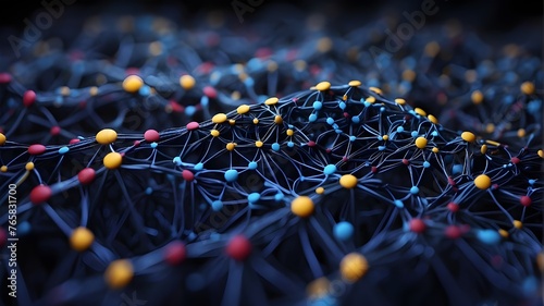 A blue background that is abstract and features colored dots and lines woven together. background that is abstract. Structure of network connections
