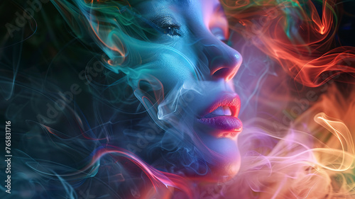 portrait of a woman face with a smoke, abstract woman face in the dark smoke, smoke background