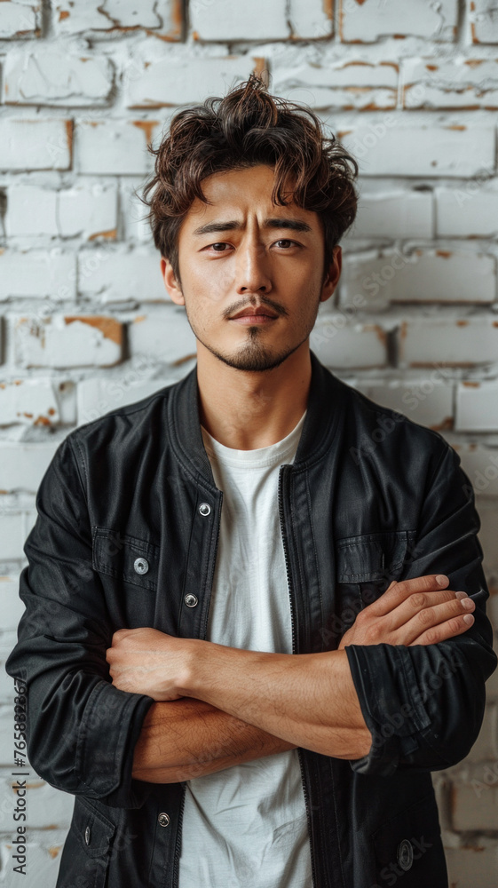 Obraz premium Portrait of Asian attractive man against background of white brick wall