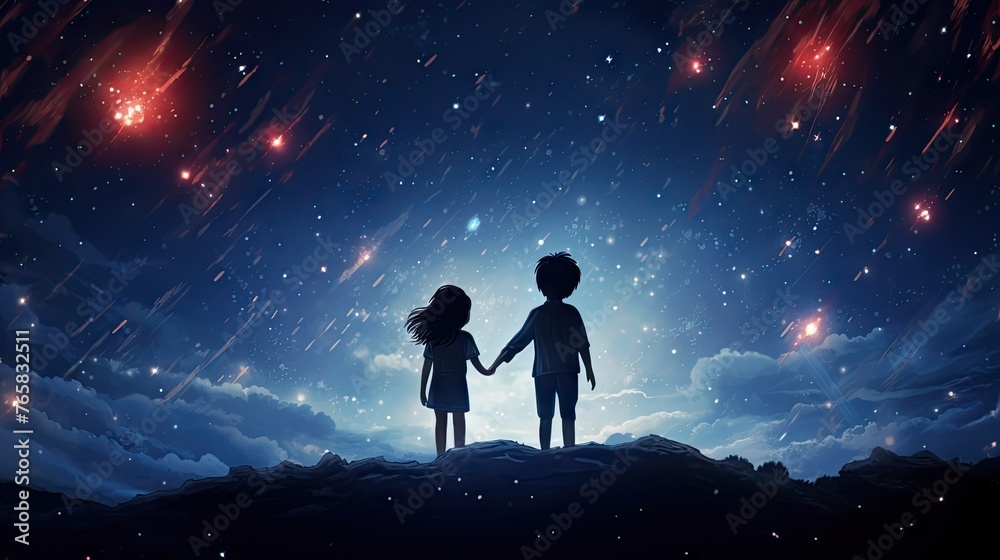Young Couple Gazing at Starry Sky, Embraced in Shared Dream of Space Exploration. Boy and Girl Hold Hands, Looking Up in Wonder at Cosmos. Romantic Stargazing Moment Captured in Embrace, Symbolizing.
