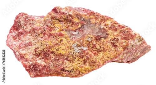 close up of sample of natural stone from geological collection - raw thulite mineral isolated on white background from Norway photo