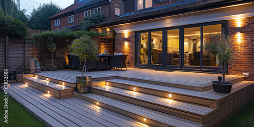 A serene evening setting of a modern home's backyard with a spacious deck