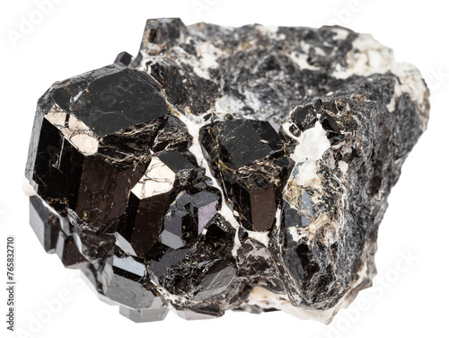 close up of sample of natural stone from geological collection - r matrix of melanite andradite black garnets isolated on white background from Krasnoyarsk region