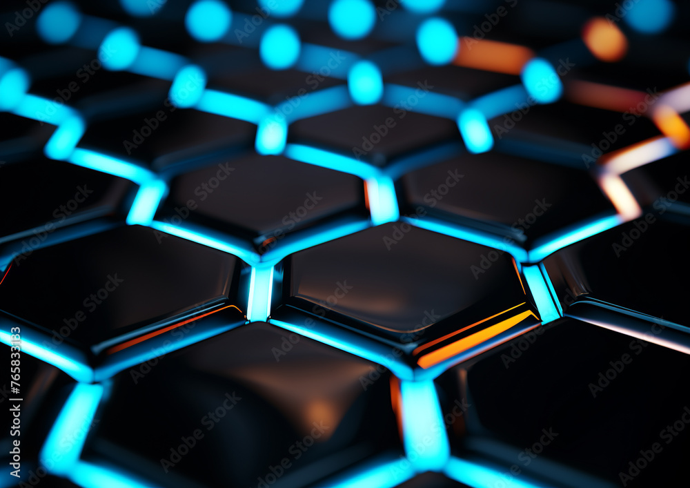 Fototapeta premium The hexagonal shapes are tightly fitted together to create a futuristic honeycomb pattern,accentuated by neon blue lighting around the edges.Each hexagon has a reflective surface.AI generated.