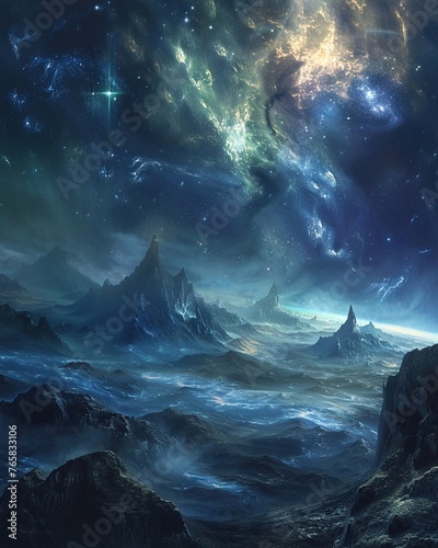 Epic Panoramic View of an Alien World with Mountains Under a Galaxy-filled Sky