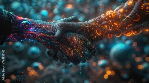 Futuristic Digital Handshake Symbolizing Connection and Partnership in Cyberspace