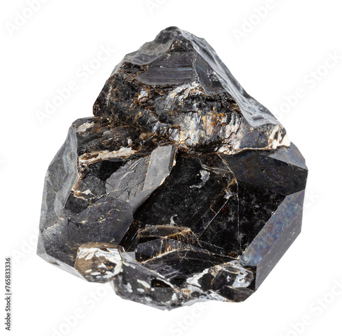 close up of sample of natural stone from geological collection - unpolished black andradite garnet mineral isolated on white background from Odikhincha massif, Krasnoyarsk region