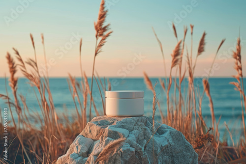 Coastal Serenity Cream Jar Among Tall Grasses at Sunset
