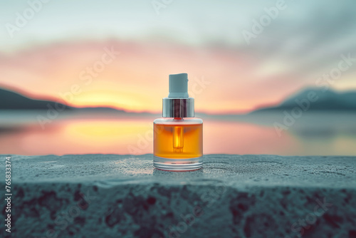 Elegant Perfume Bottle at Sunset Lakeside