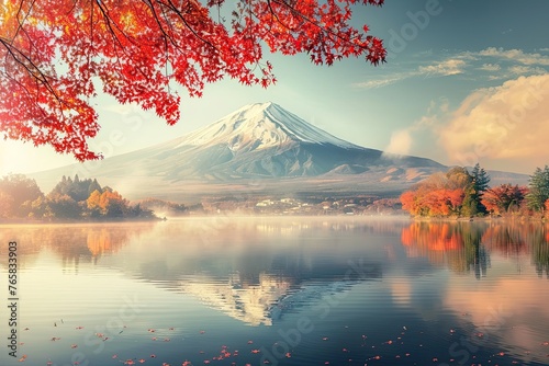Colorful Autumn Season and Mountain Fuji with morning fog and red leaves at lake Kawaguchiko is one of the best places in Japan © Barra Fire
