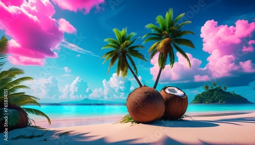 A palm tree, coconuts on the sandy beach