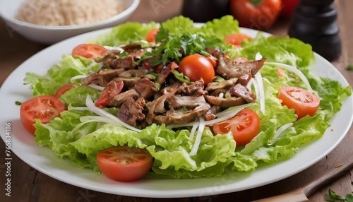 appetizer of meat, bell pepper, croutons, lettuce and sauce