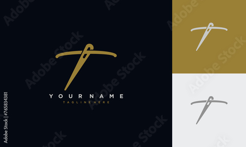 Initial letter t sewing logo formed from thread and needle with gold colour
