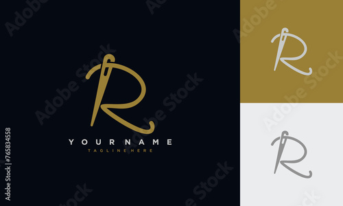Initial letter r sewing logo formed from thread and needle with gold colour