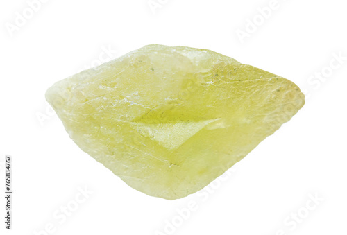 close up of sample of natural stone from geological collection - raw twinned green sphene crystal isolated on white background from Pakistan