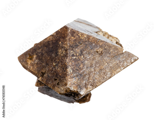close up of sample of natural stone from geological collection - unpolished zircon crystal isolated on white background from Khibiny, Kola Peninsula