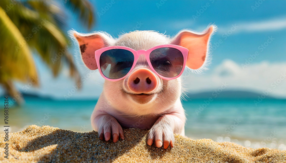 Pig with sunglasses on the beach.