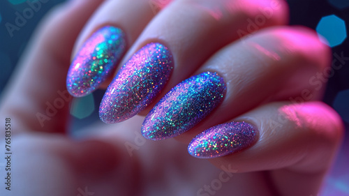 closeup of woman's manicured hand with freshly painted purple and green glitter finger nail polish