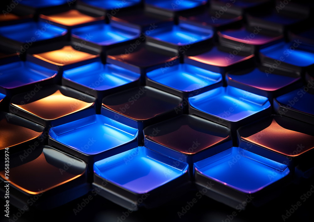 The hexagonal shapes fit together to form a honeycomb-like pattern, illuminated by bright blue and orange lights. The surfaces are reflective. AI generated. The hexagonal shapes fit together to form a honeycomb-like pattern, illuminated by bright blue and orange lights. The surfaces are reflective. AI generated.