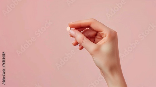 Close-up of a woman's hand fingers delicately pinching a pink and white capsule pill, with a soft pastel pink backdrop, copy space.