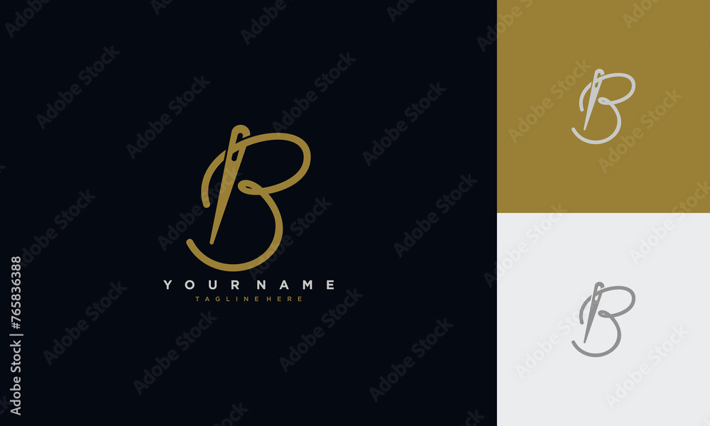 Initial letter b sewing logo formed from thread and needle with gold colour Initial letter b sewing logo formed from thread and needle with gold colour