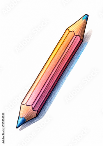 A pencil with a red tip and blue and white stripes. The pencil is sharpened and has a pointed tip photo